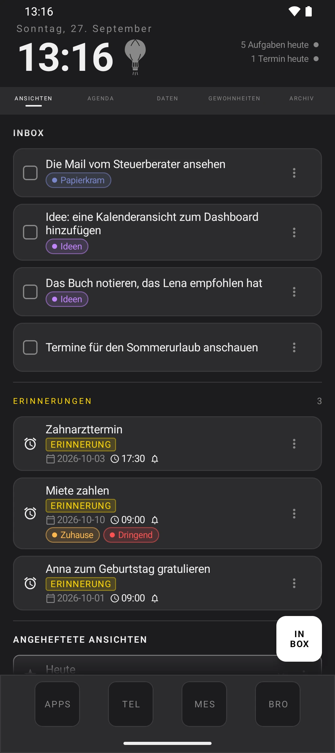 duqe — Startbildschirm im dunklen Modus