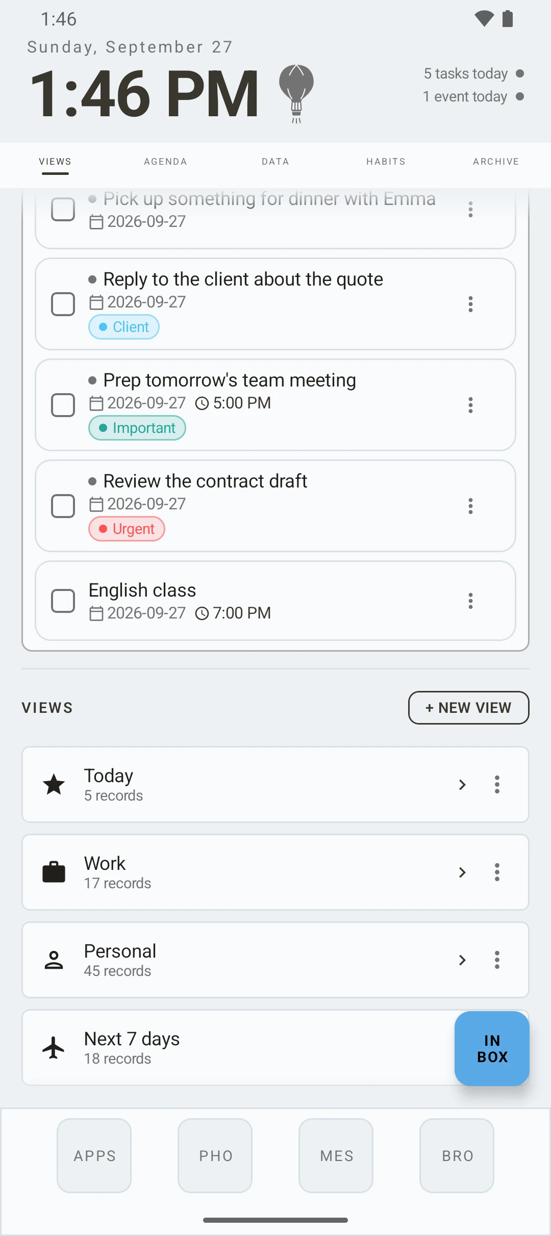 duqe — views screen with the inbox