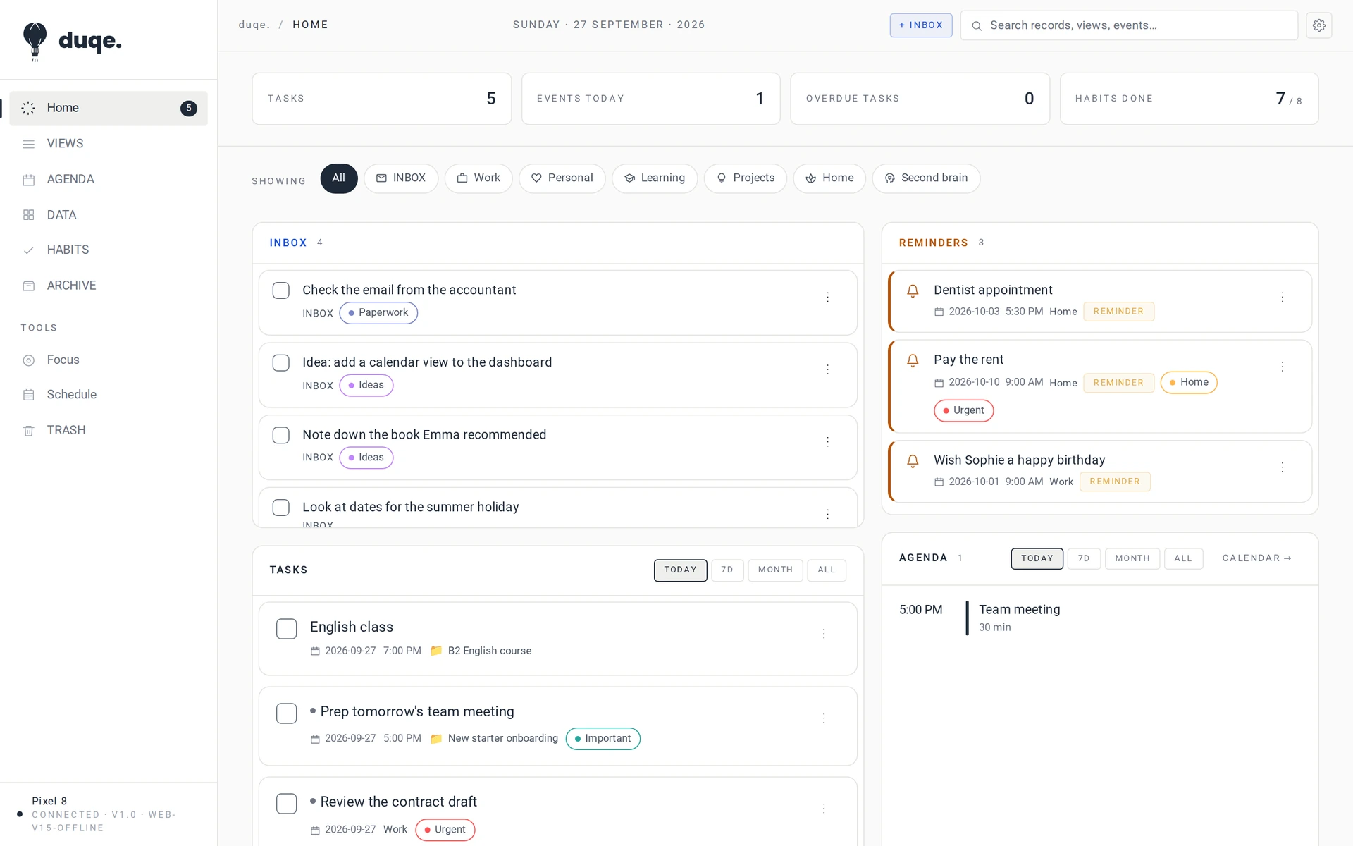 duqe Web Sync on a computer, with the inbox, reminders and agenda