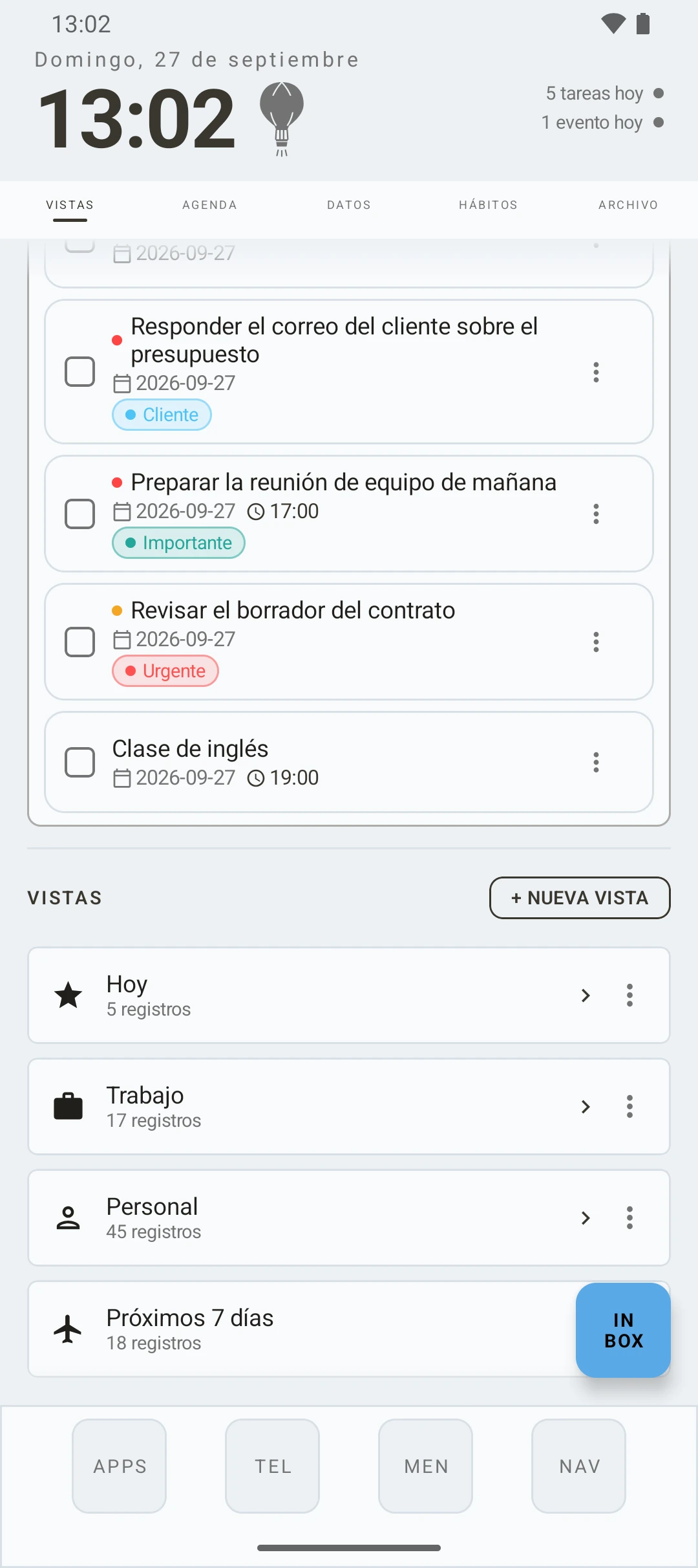 duqe — pantalla de vistas con el inbox