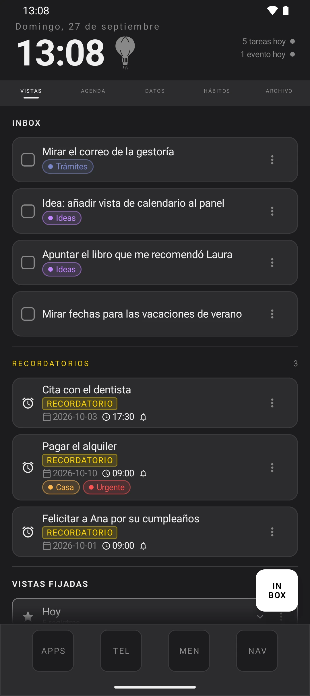 duqe — pantalla de inicio en modo oscuro