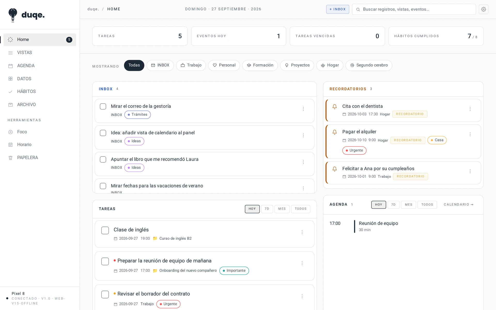 duqe Web Sync en el ordenador, con el inbox, los recordatorios y la agenda