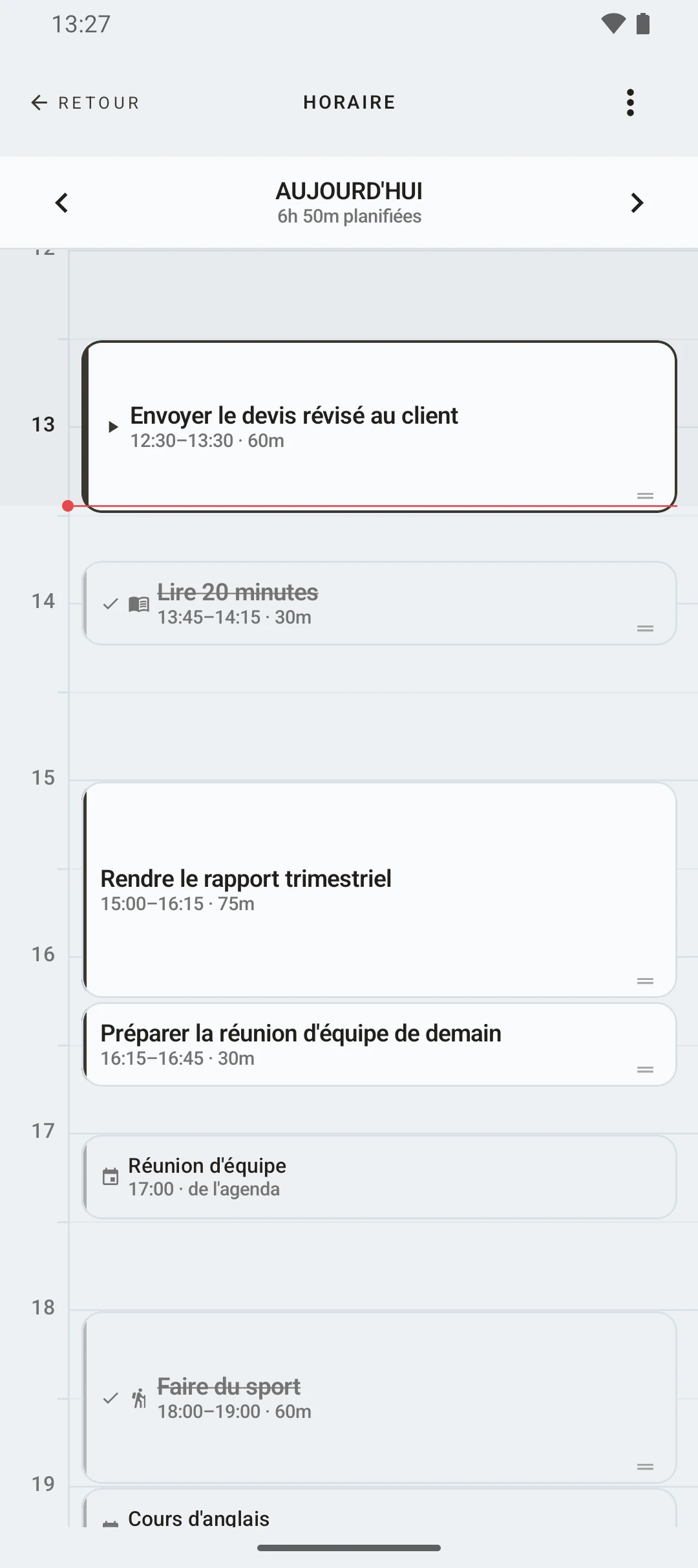 duqe — horaire de la journée heure par heure