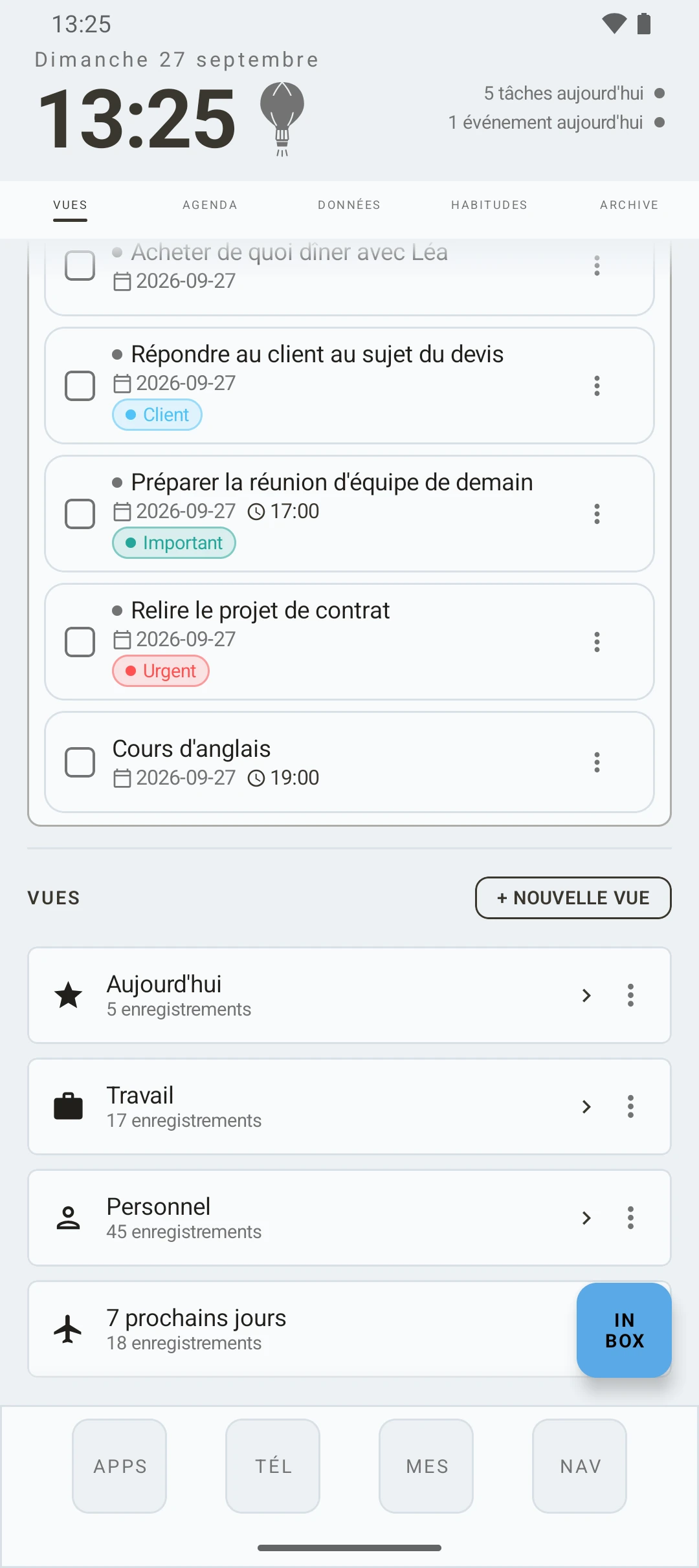 duqe — écran des vues avec l’inbox