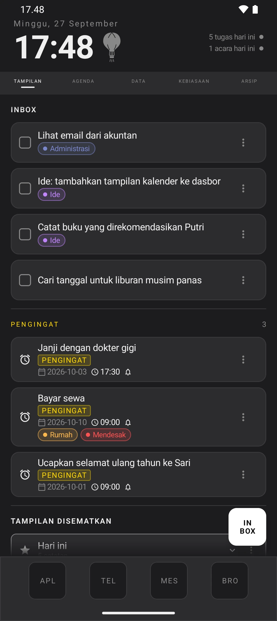 duqe — layar utama dalam mode gelap