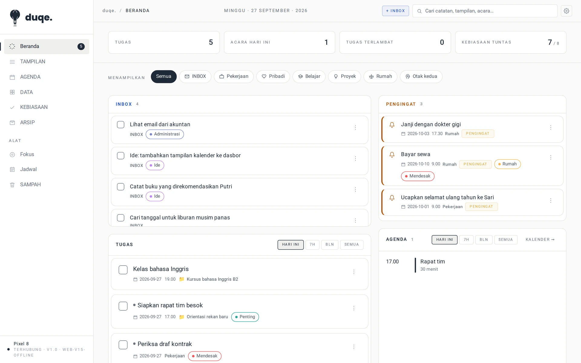 duqe Web Sync di komputer, dengan inbox, pengingat, dan agenda