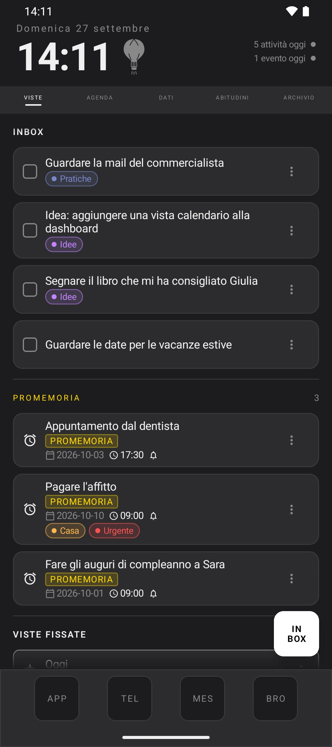 duqe — schermata home in modalità scura