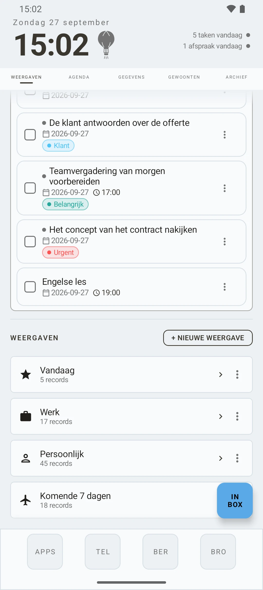 duqe — weergavenscherm met de inbox