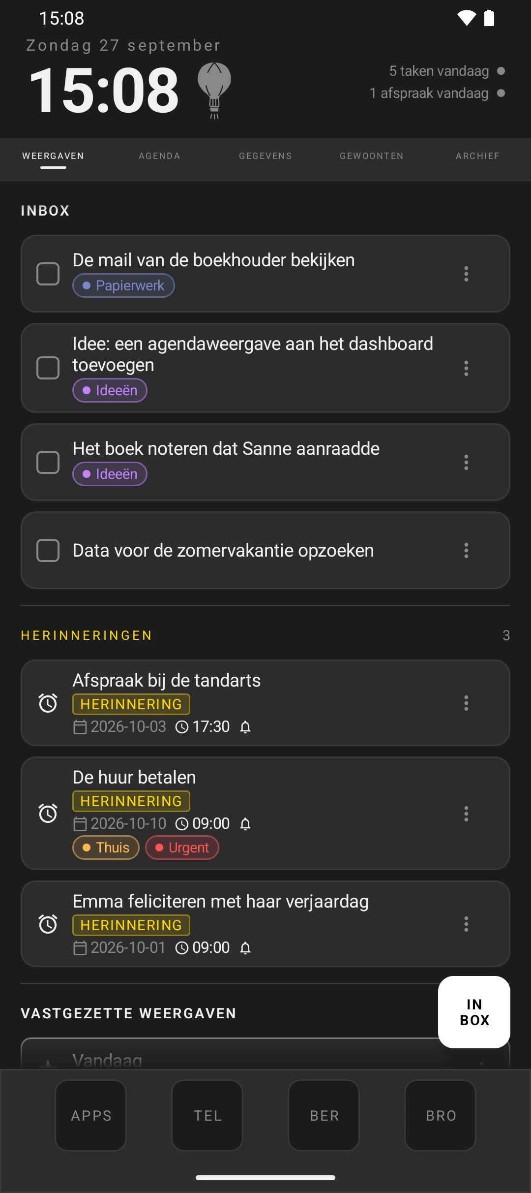 duqe — startscherm in donkere modus