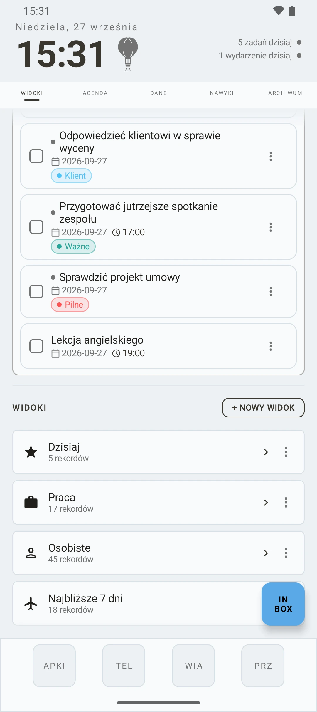 duqe — ekran widoków z inboxem
