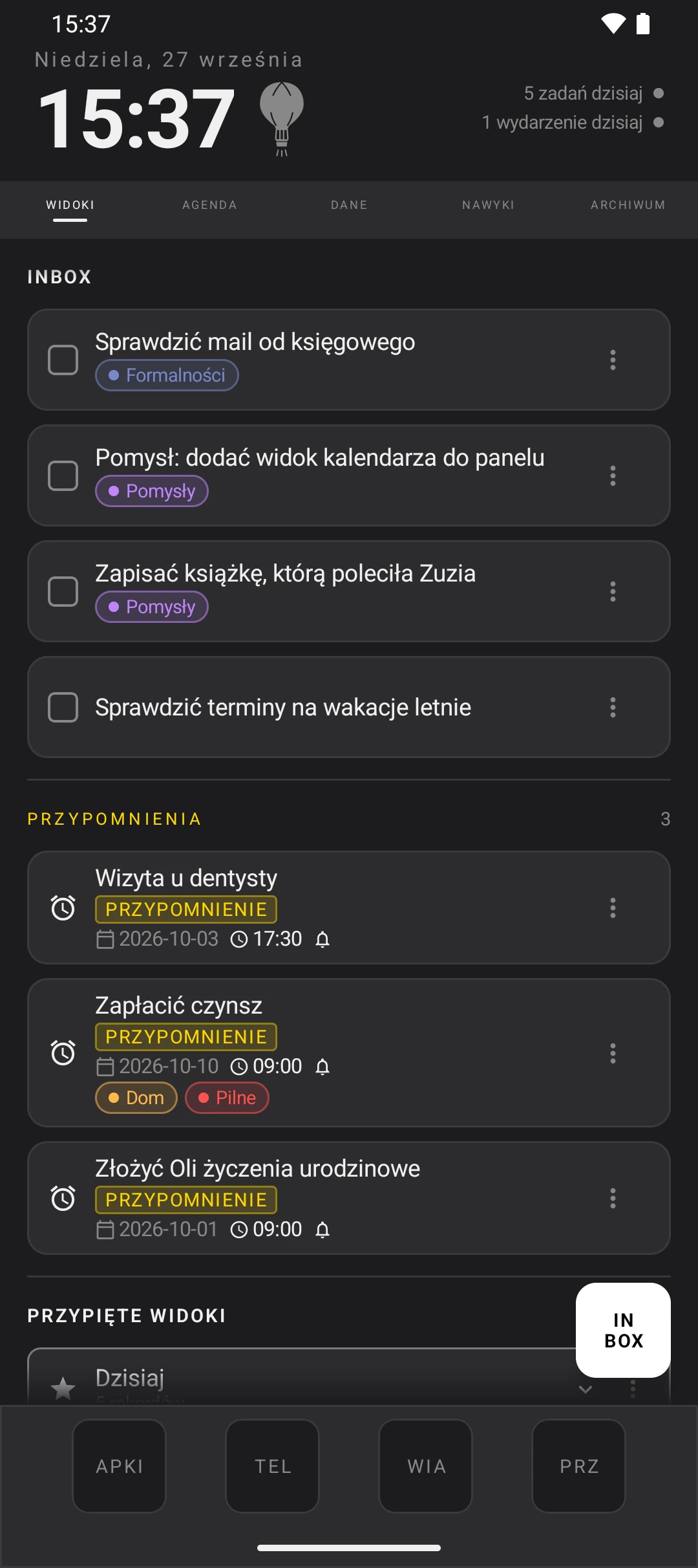duqe — ekran główny w trybie ciemnym