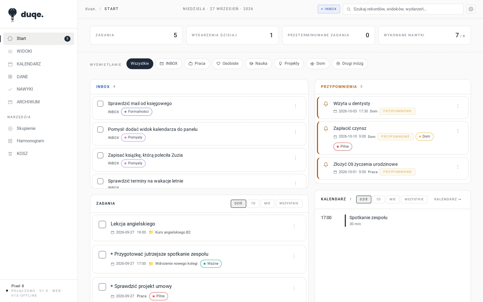 duqe Web Sync na komputerze, z inboxem, przypomnieniami i agendą