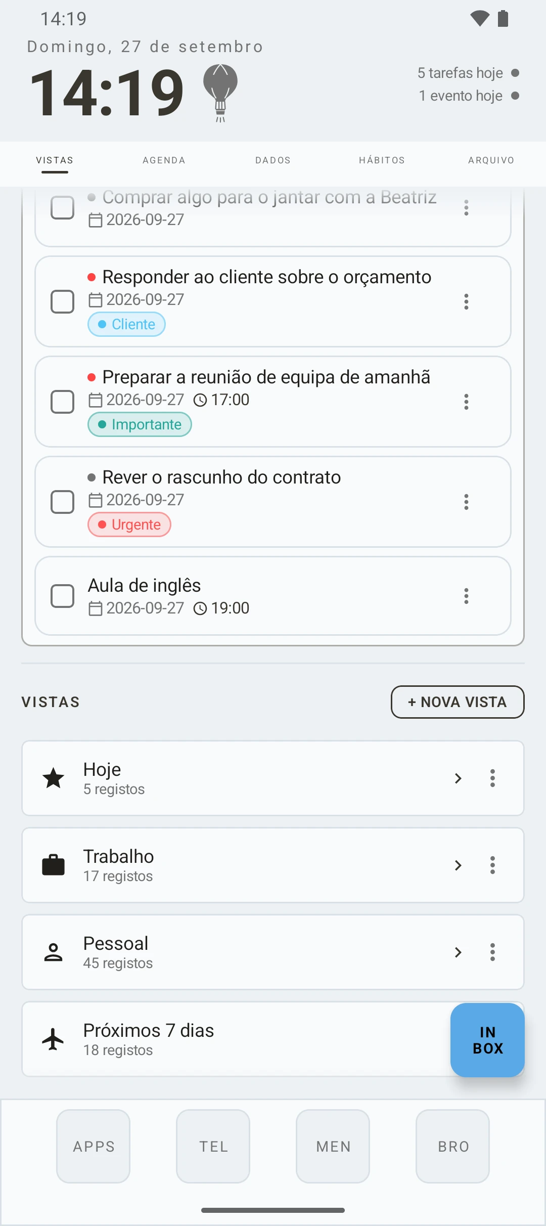duqe — ecrã de vistas com o inbox