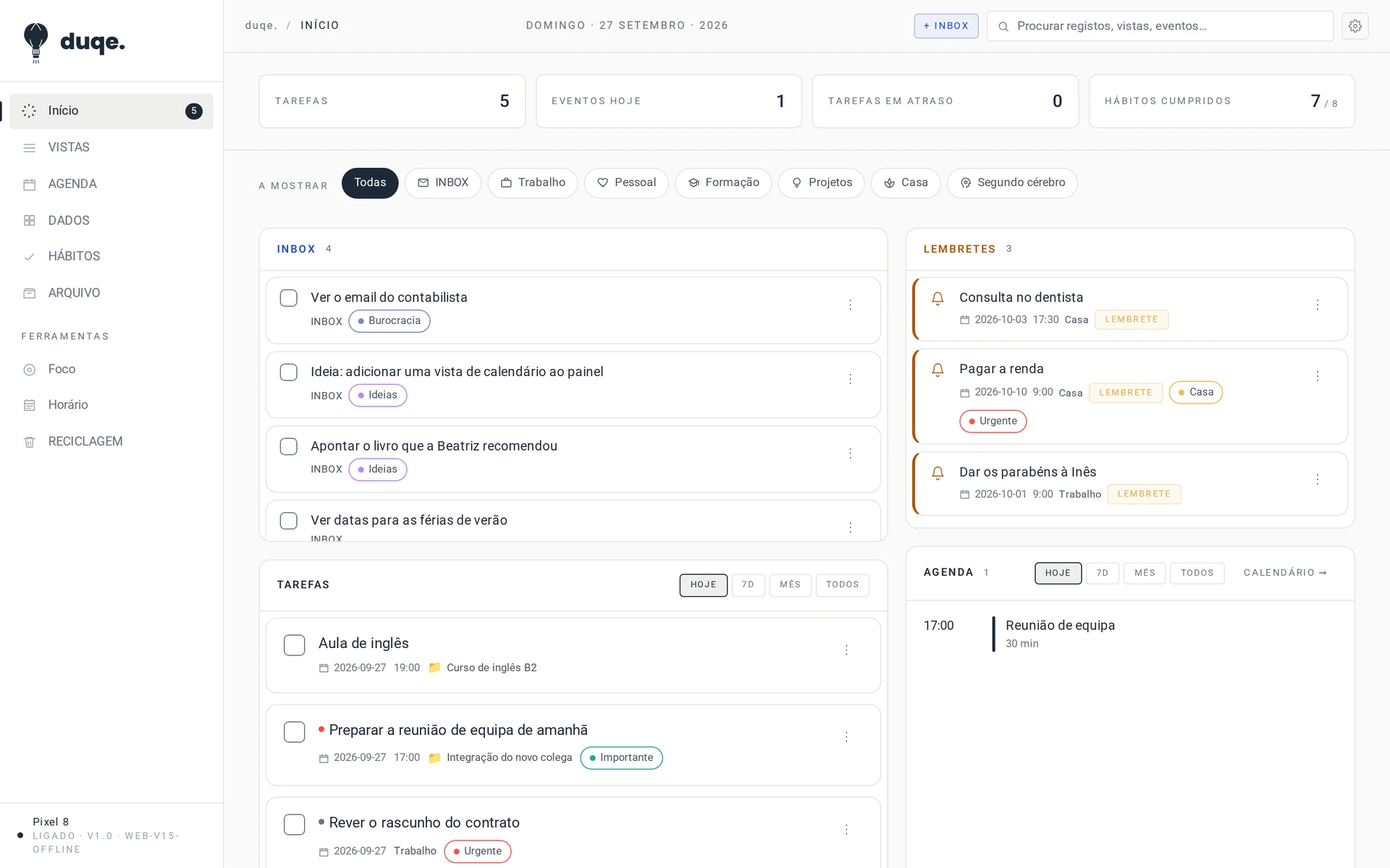 duqe Web Sync no computador, com o inbox, os lembretes e a agenda