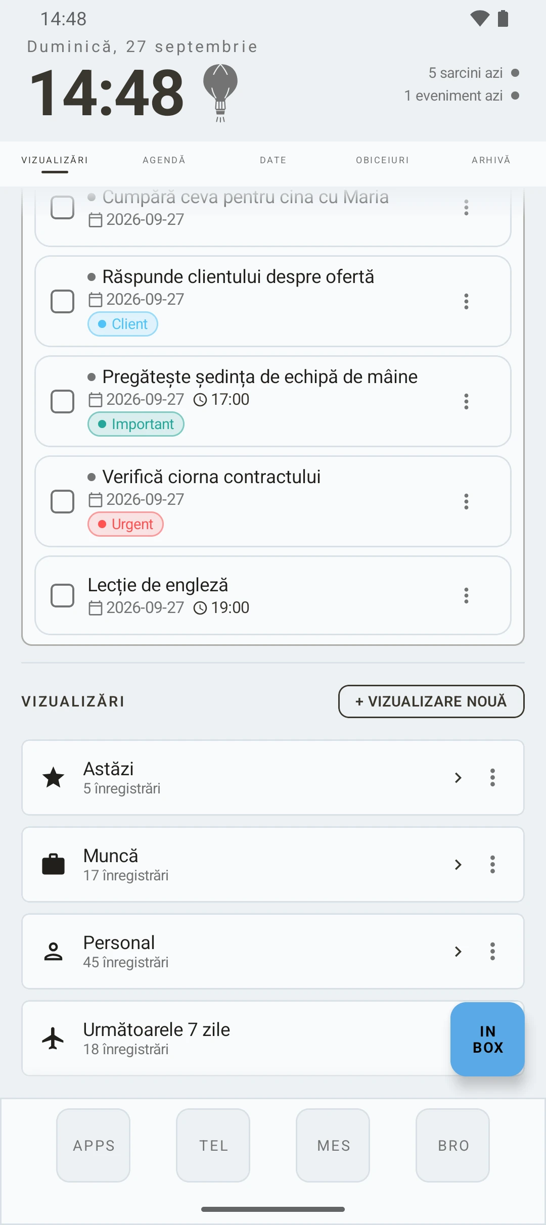 duqe — ecranul de vizualizări cu inbox-ul