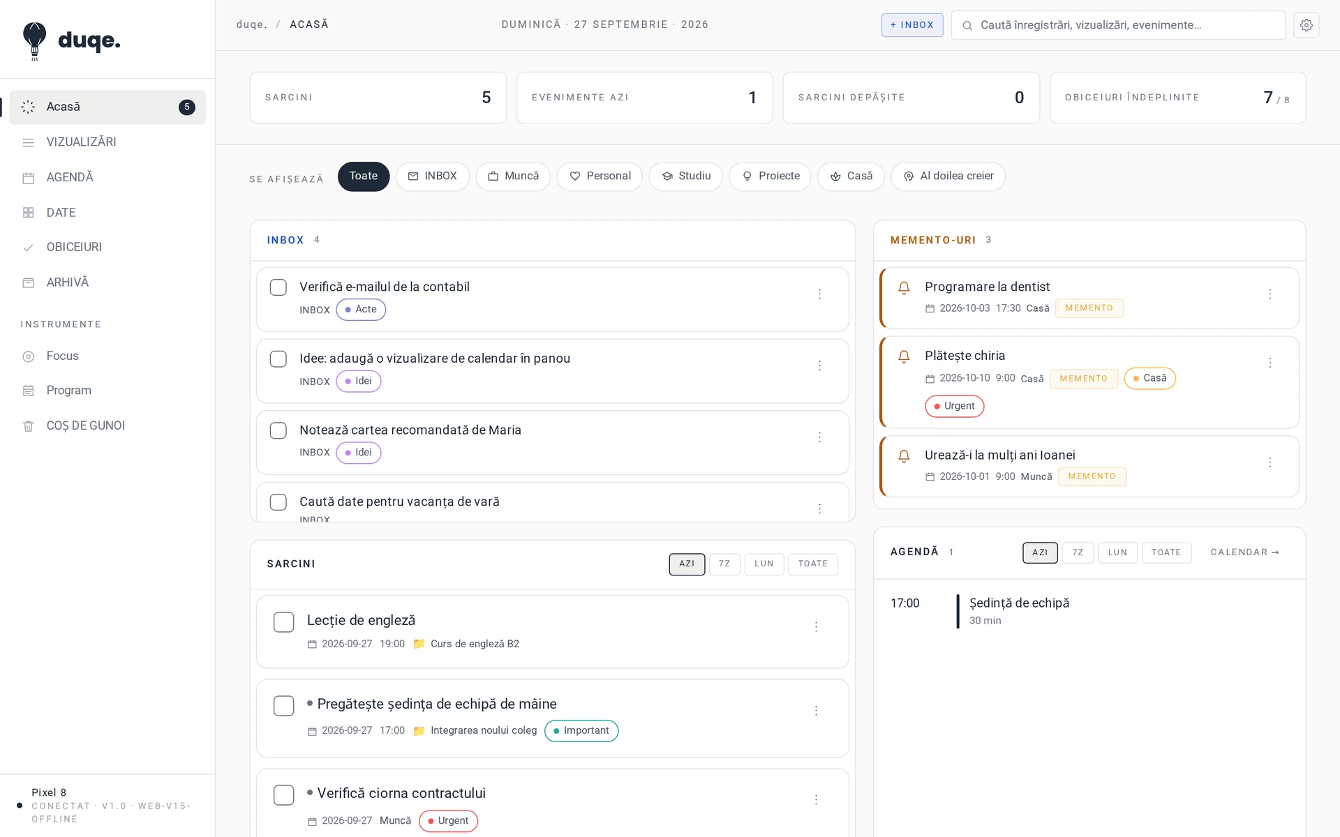 duqe Web Sync pe computer, cu inbox-ul, mementourile și agenda