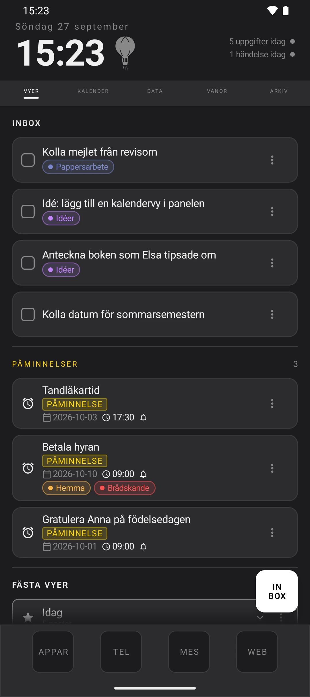 duqe — startskärmen i mörkt läge