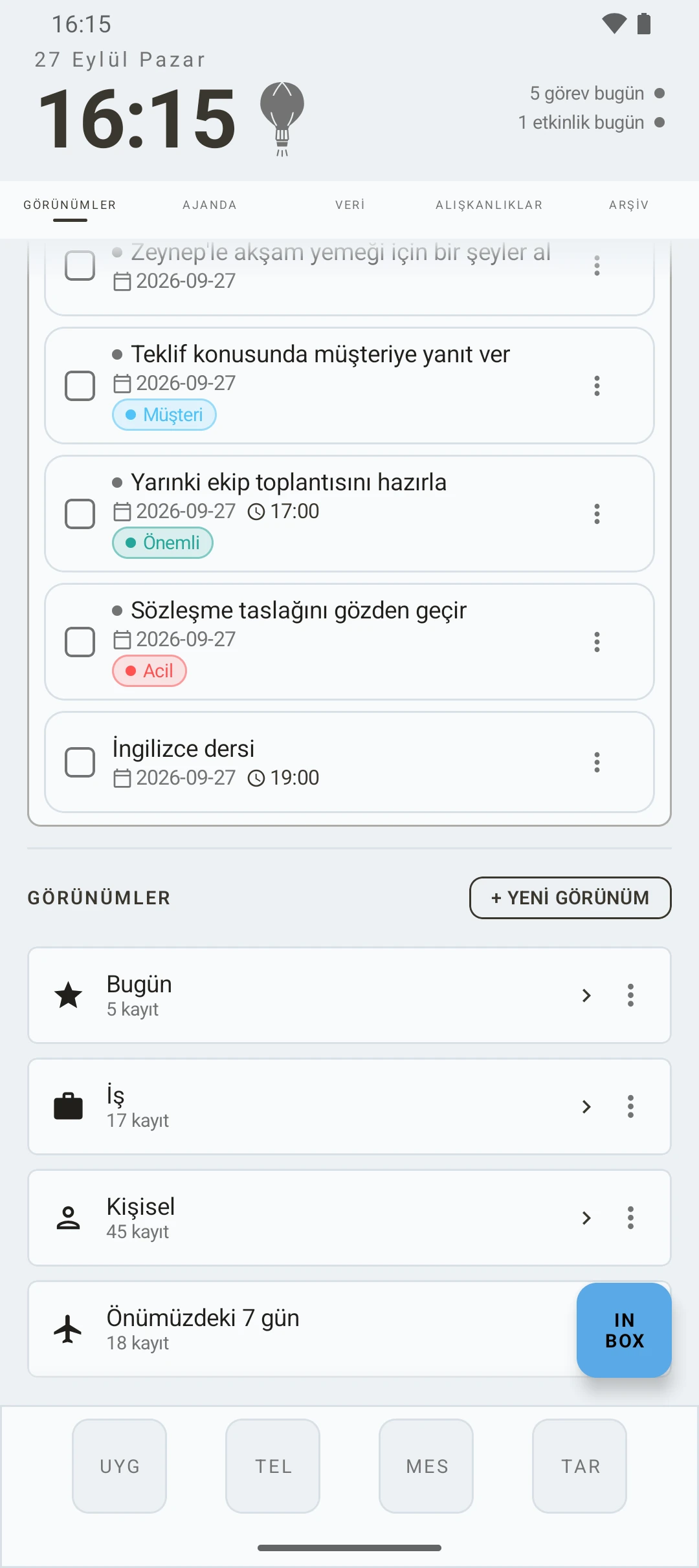 duqe — inbox ile görünümler ekranı