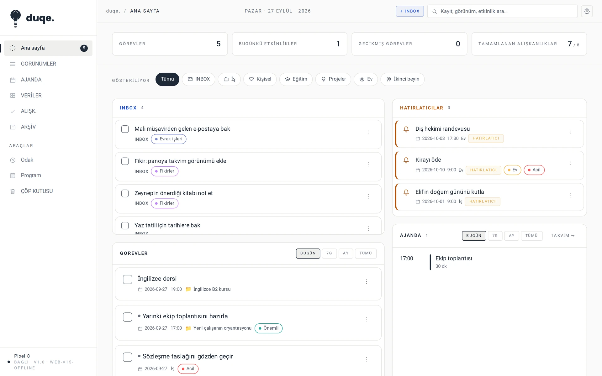 Bilgisayarda duqe Web Sync: inbox, hatırlatıcılar ve ajanda