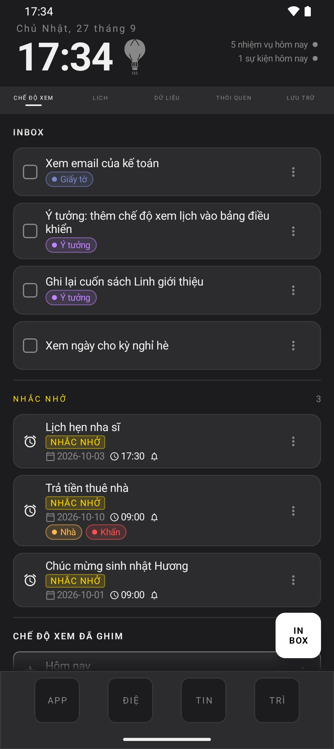 duqe — màn hình chính ở chế độ tối