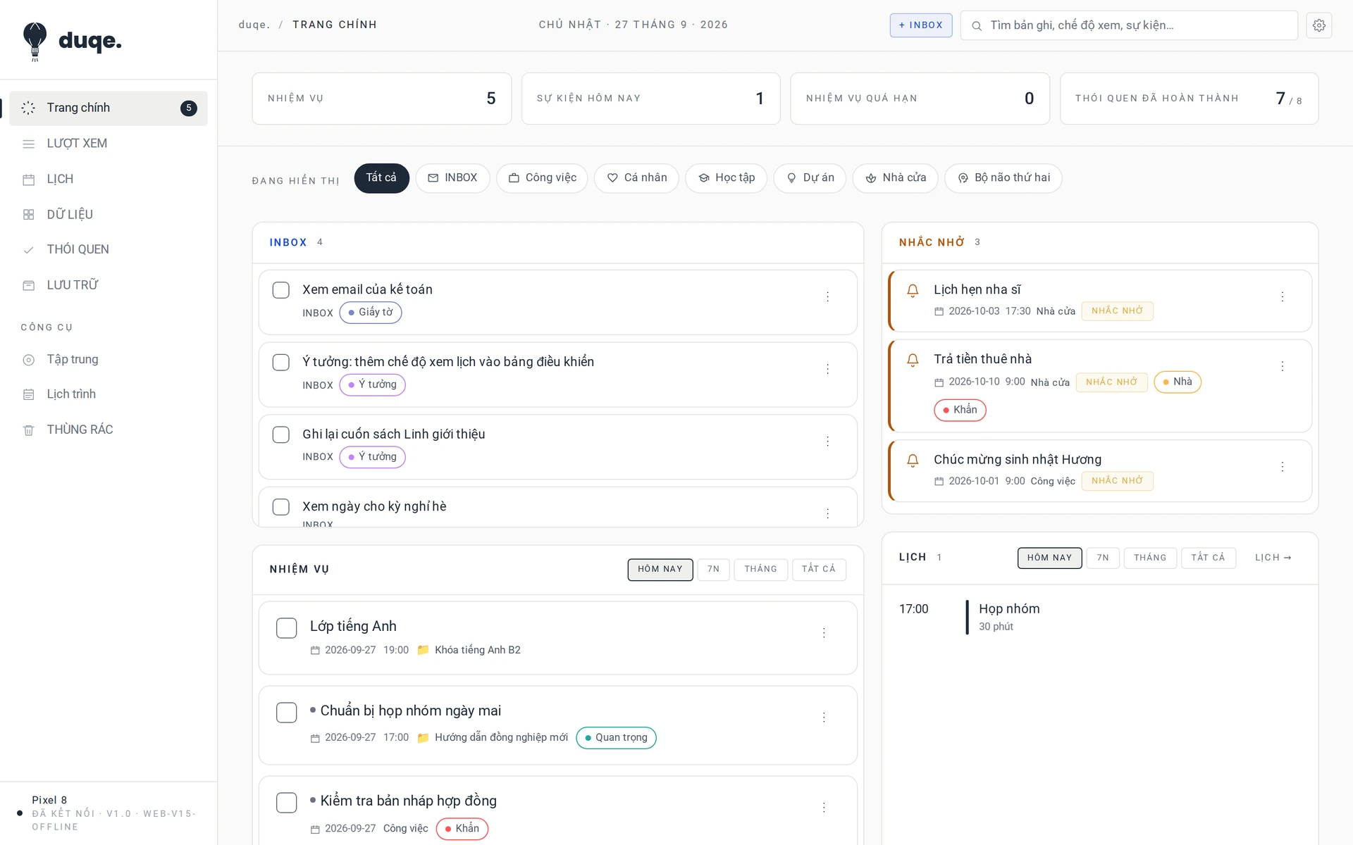 duqe Web Sync trên máy tính, với inbox, lời nhắc và lịch
