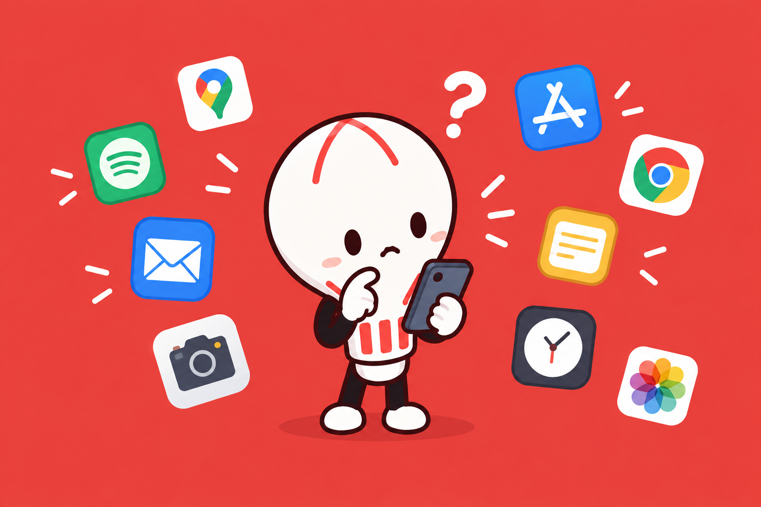 Un personaje mira su móvil con cara de duda, rodeado de iconos de aplicaciones como Spotify, Chrome, Maps, el correo y la cámara