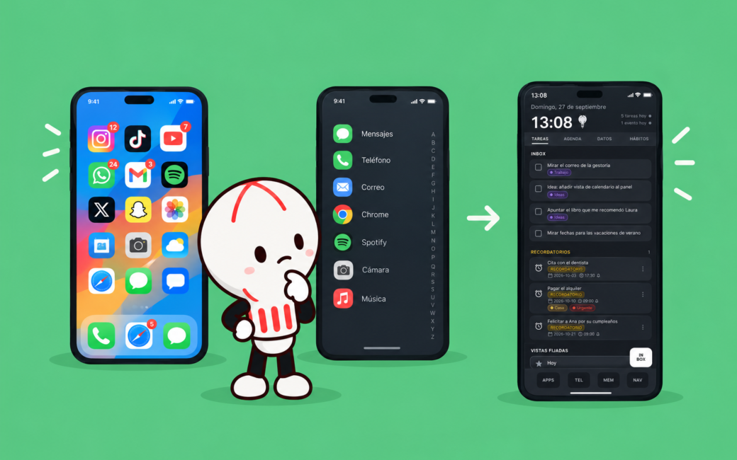 Tres móviles: una pantalla de inicio llena de iconos con notificaciones, un launcher minimalista con una lista de apps en texto y la pantalla de duqe con las tareas y recordatorios del día